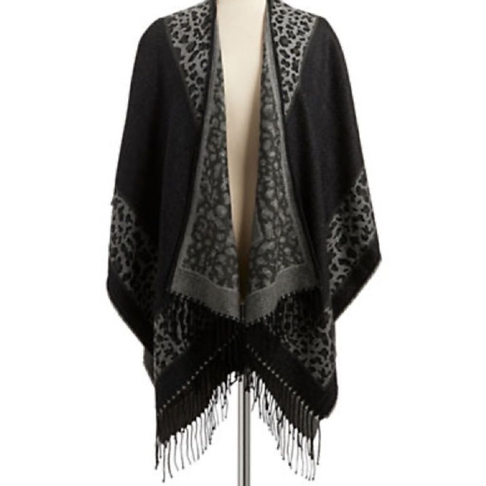 Lord & TaylorโFringed Animal Border Wrap-BLACK-One Size
